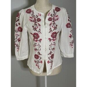 Calypso St Barth Embroidered Blouse Boho Floral Linen Cotton Peasant Size XS